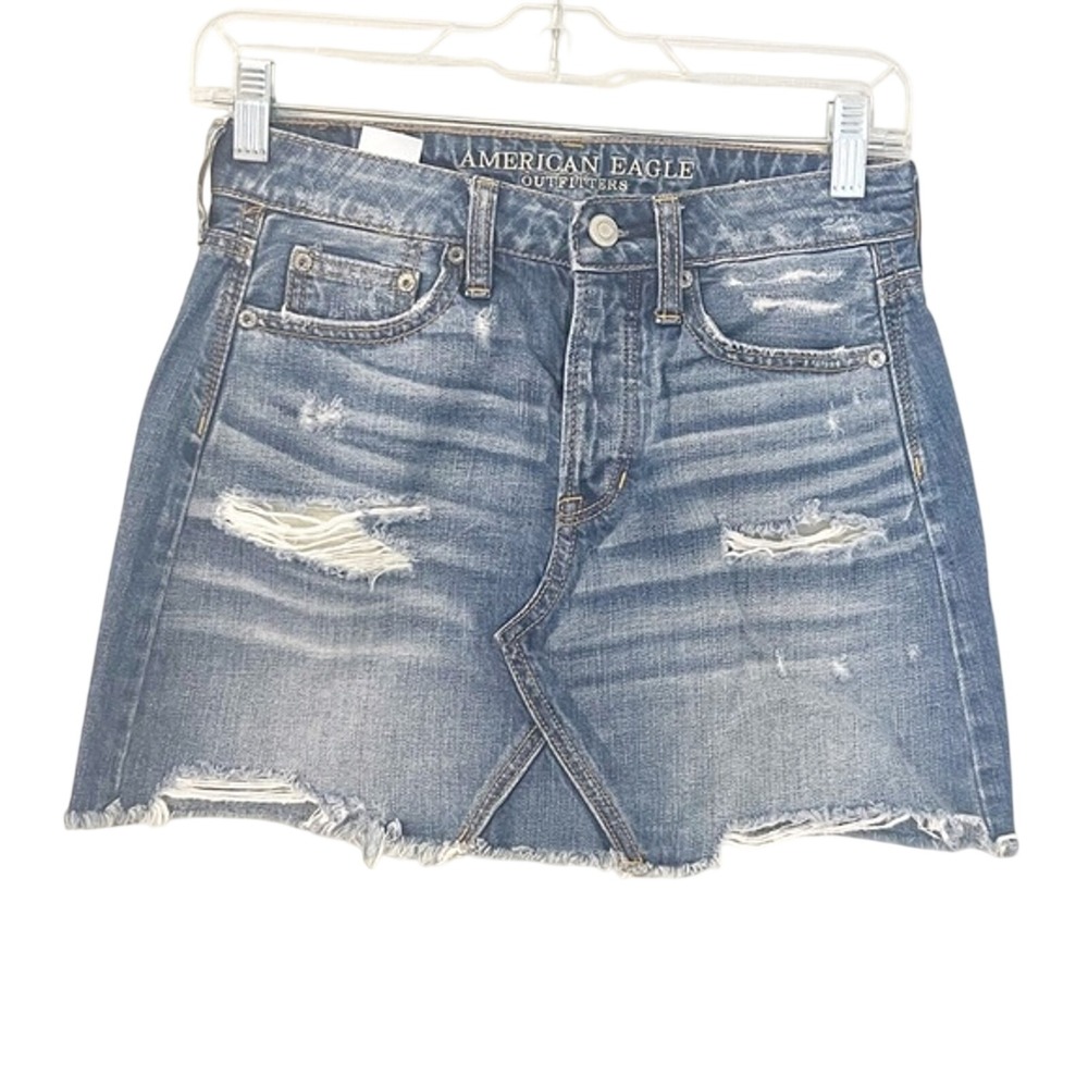American Eagle Hi-Rise Festival Mini Denim Skirt Distressed Blue Size 00